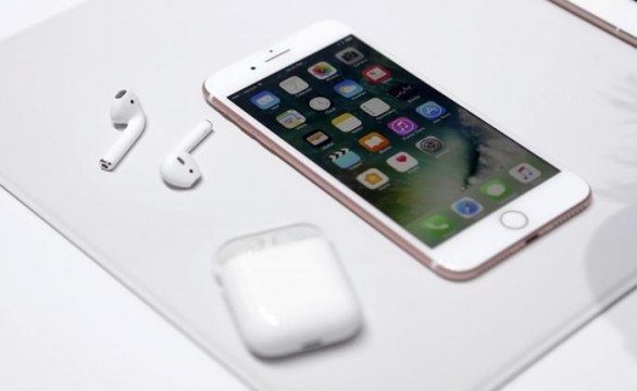 The Apple iPhone7 and AirPods are displayed during an Apple media event in San Francisco