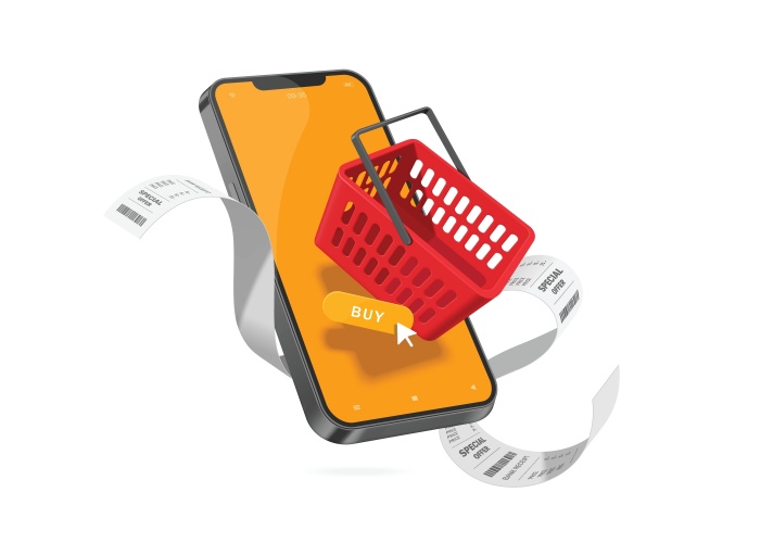 online shopping and online payment concept ,Buy button, red shopping basket, receipt paper, mobile phone floating in air, vector 3d isolated on white background for e commerce advertisement design