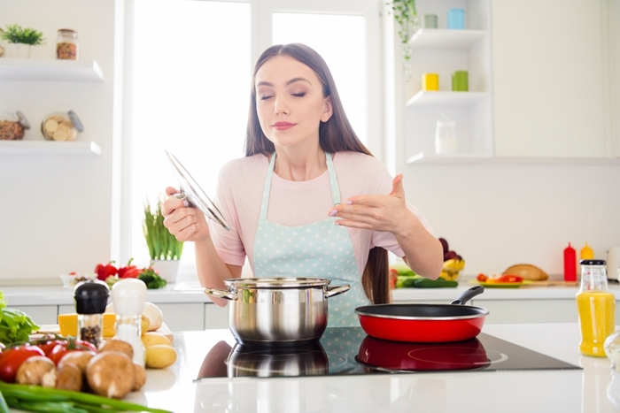 Photo,Portrait,Young,Woman,Cooking,Soup,Smelling,Scent