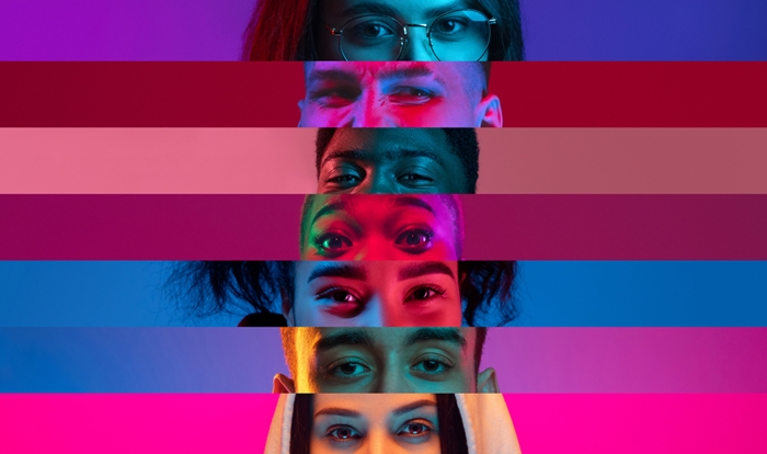 Collage,Of,Close-up,Male,And,Female,Eyes,Isolated,On,Colored